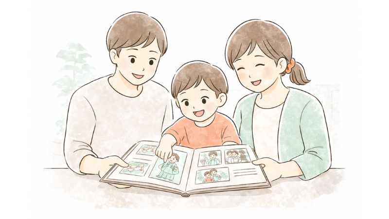 七五三とお宮参りの写真を見返して満足する家族