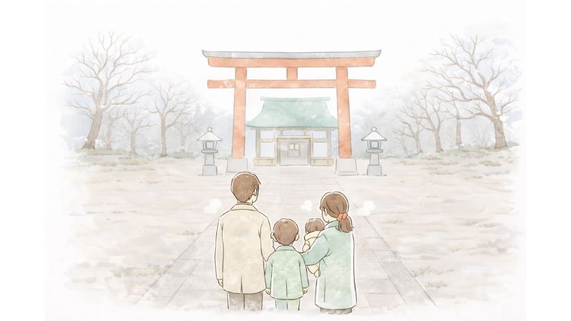 冬の神社で落ち着いて参拝する家族
